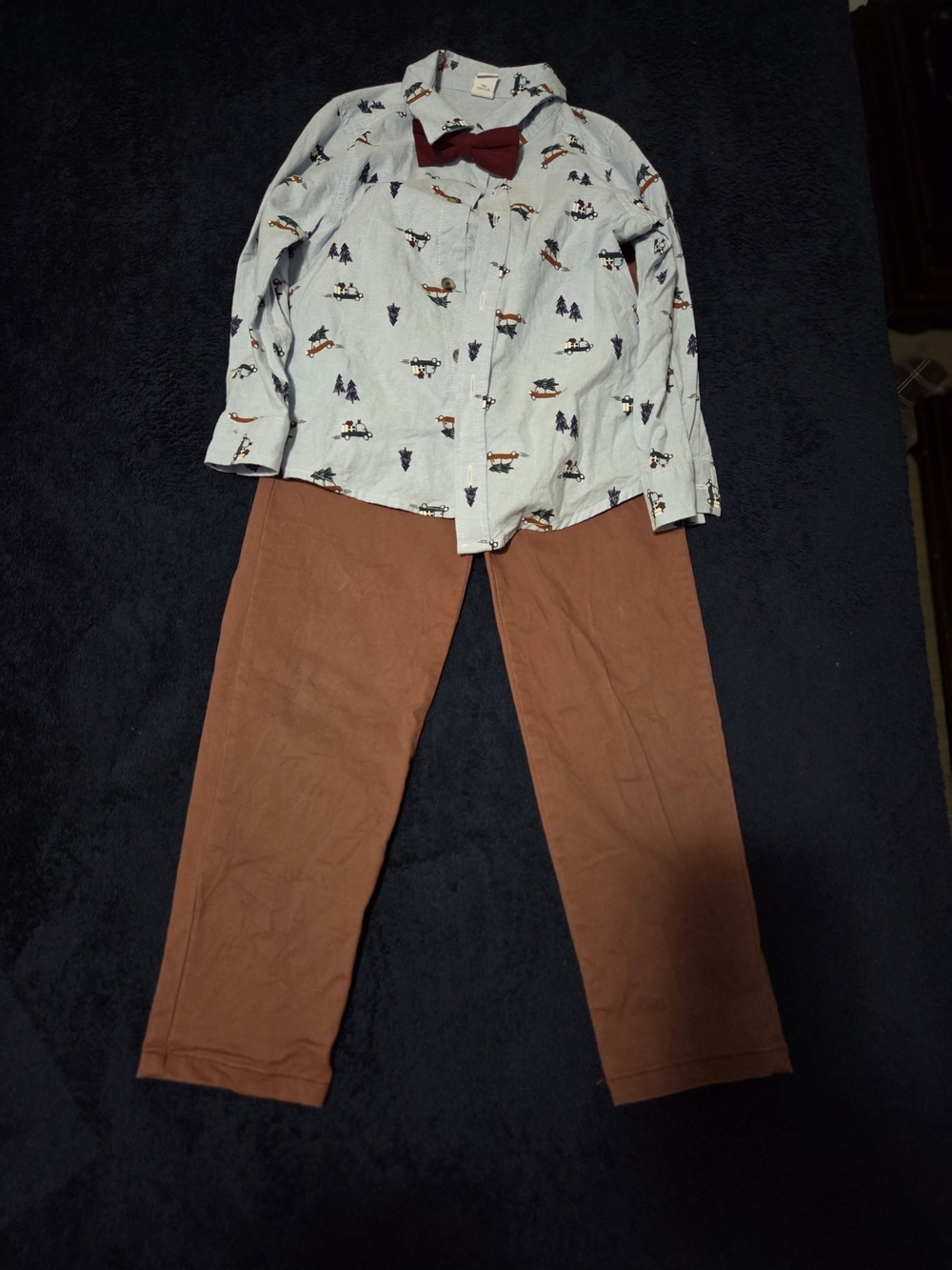 5T Boys 3-Piece Outfit Set Vintage Car Tree Print Shirt Bow Tie Rust Pants